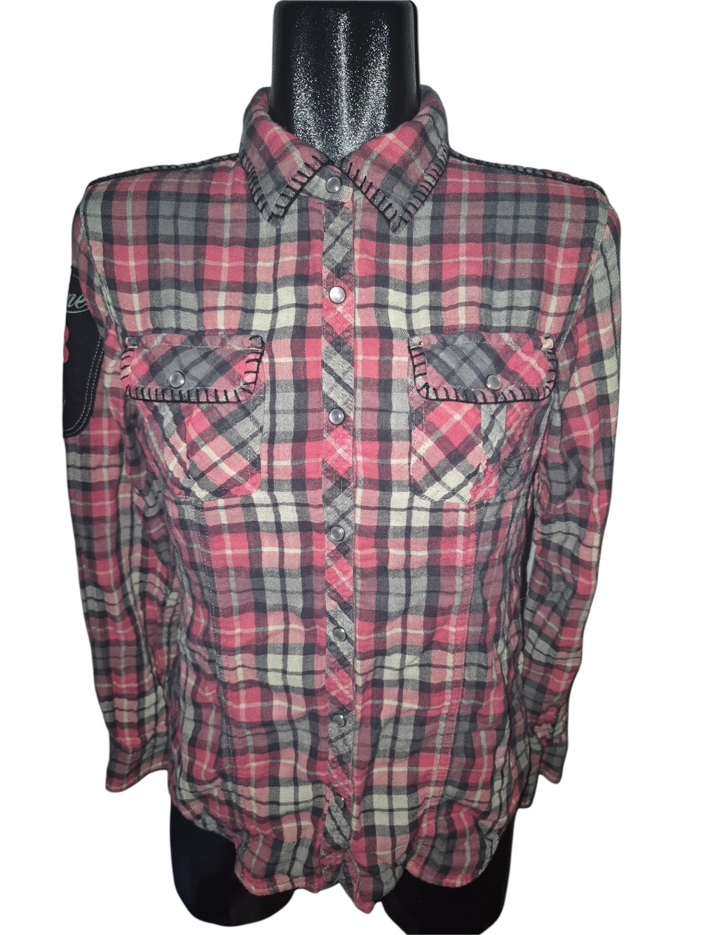 Harley Davidson Women's Pink and Gray Plaid Button-Up Shirt Size L